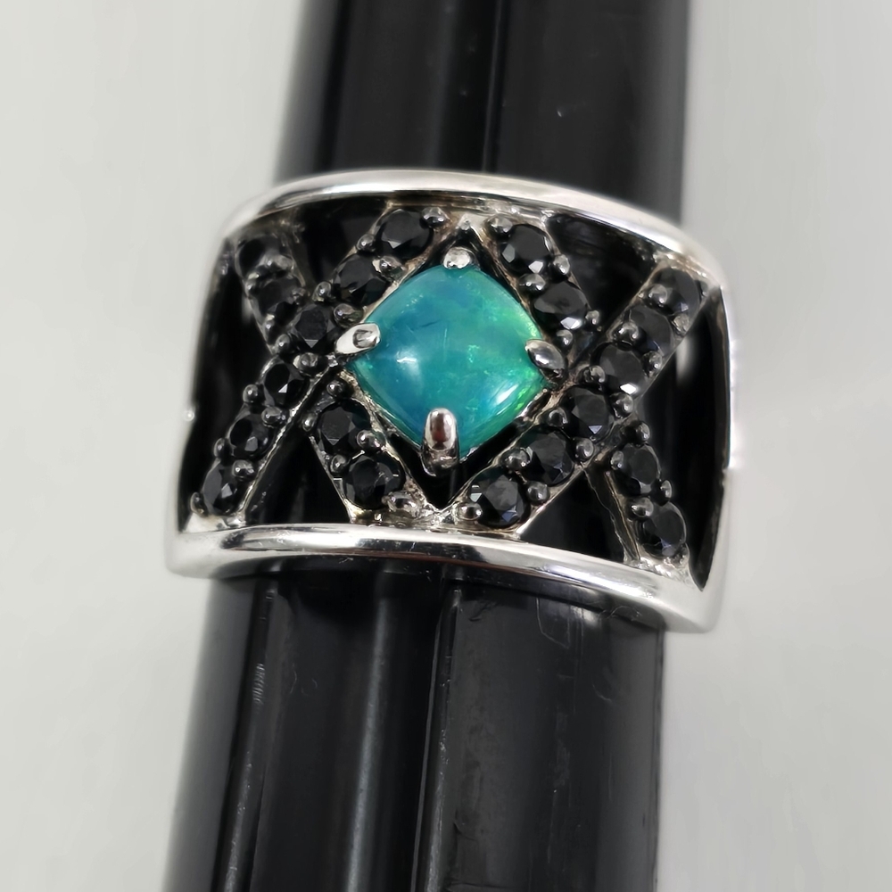 Sterling Silver 925 Spinel and Black Opal Geometric Ring